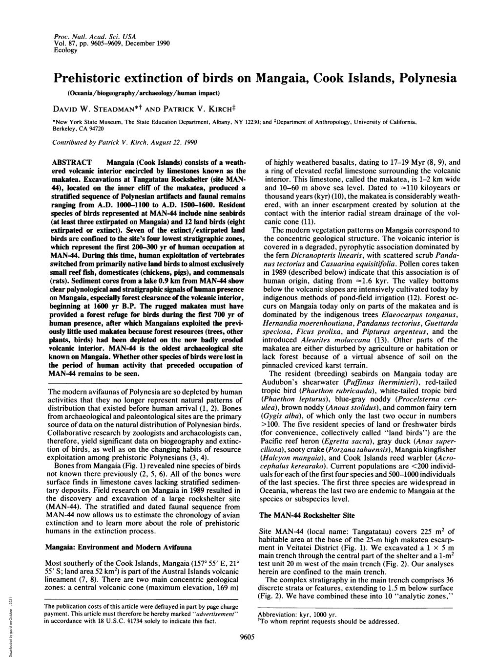 Prehistoric Extinction of Birds on Mangaia, Cook Islands, Polynesia (Oceania/Biogeography/Archaeology/Human Impact) DAVID W