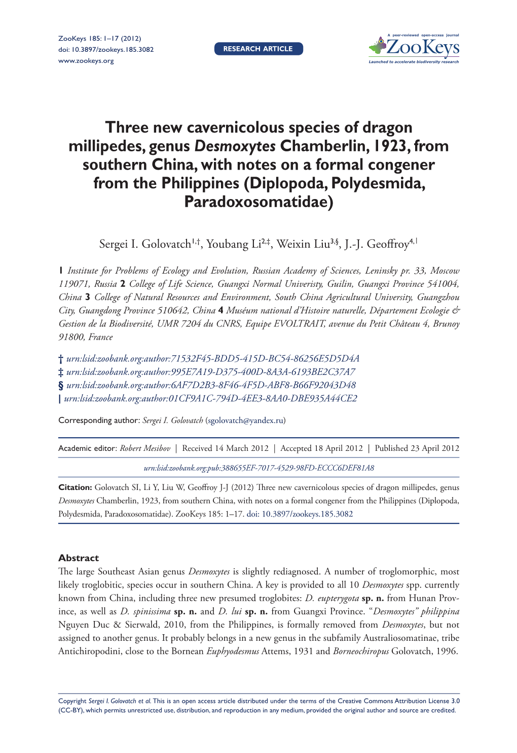 Diplopoda, Polydesmida, Paradoxosomatidae)