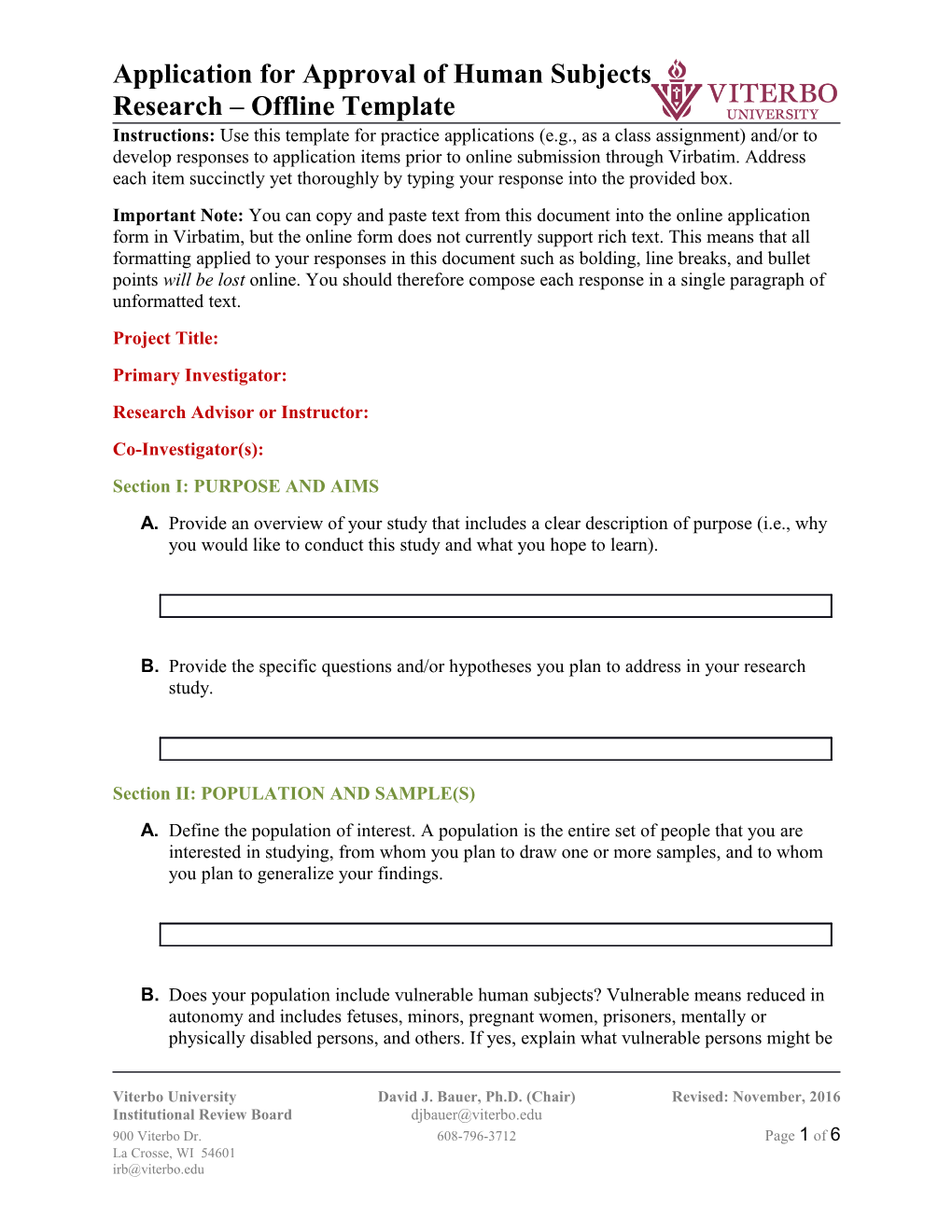 Application for Approval of Human Subjects Research Offline Template