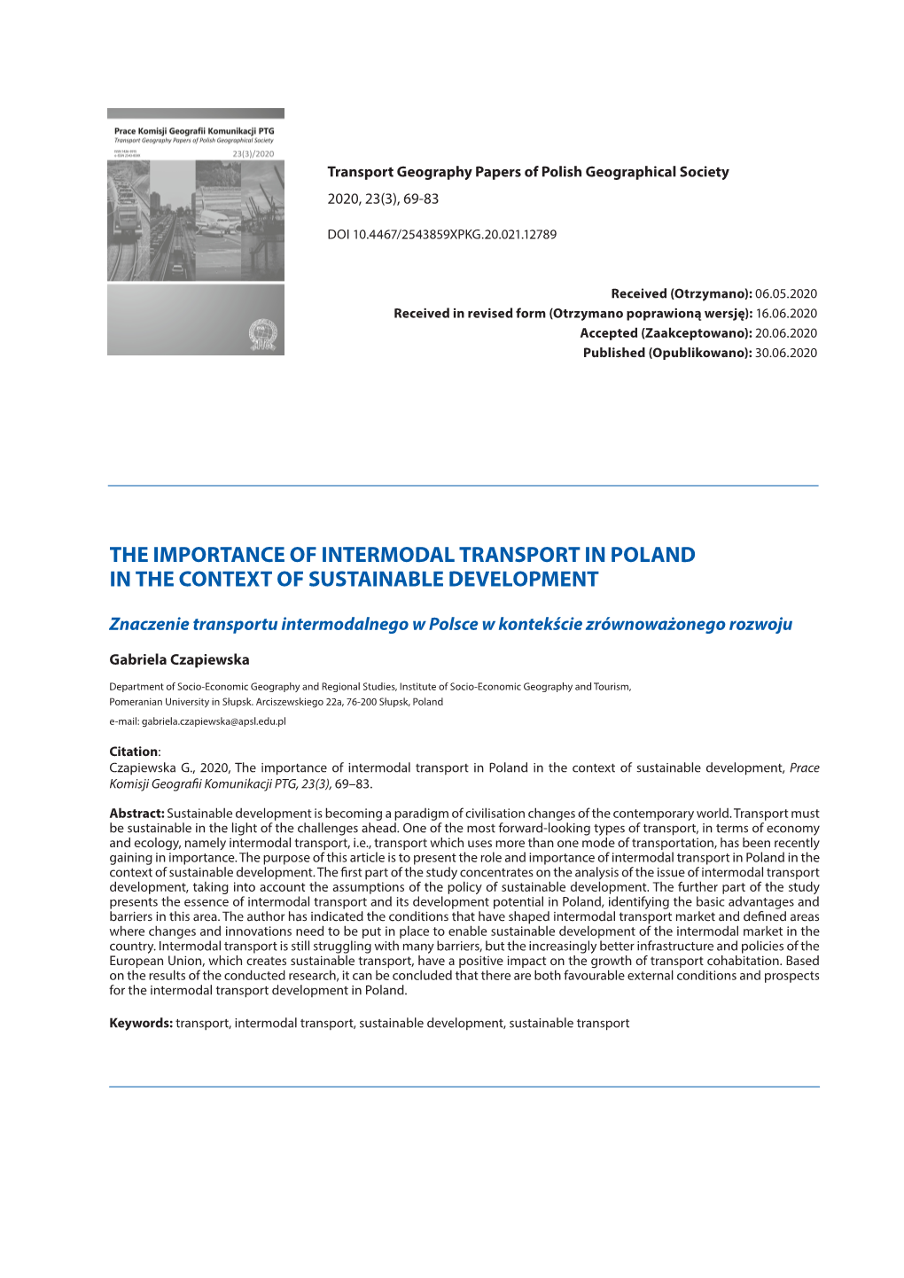 The Importance of Intermodal Transport in Poland in the Context of Sustainable Development