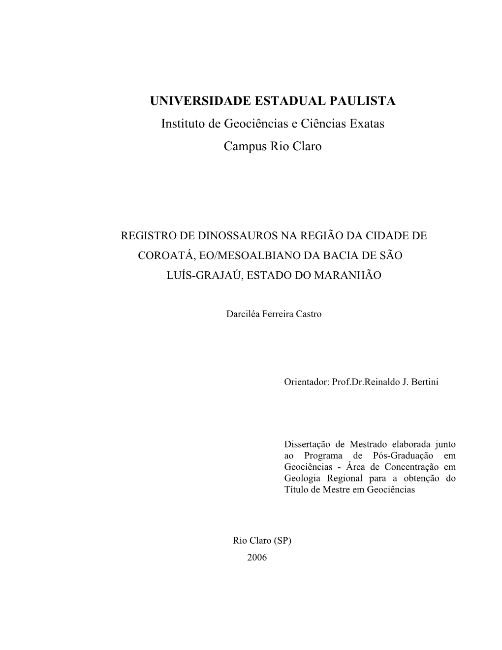 UNIVERSIDADE ESTADUAL PAULISTA Instituto De Geociências E Ciências Exatas Campus Rio Claro