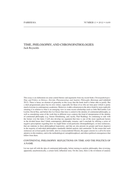 TIME, PHILOSOPHY, and CHRONOPATHOLOGIES Jack Reynolds