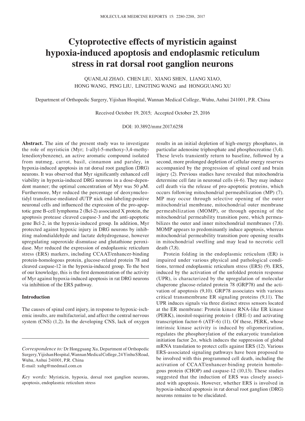 Cytoprotective Effects of Myristicin Against Hypoxia‑Induced Apoptosis and Endoplasmic Reticulum Stress in Rat Dorsal Root Ganglion Neurons