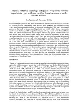 Terrestrial Vertebrate Assemblage and Species Level Patterns Between Major Habitat Types Inside and Outside a Fenced Exclosure in South- Western Australia