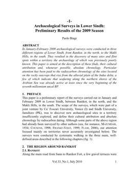 Archaeological Surveys in Lower Sindh: Preliminary Results of the 2009 Season