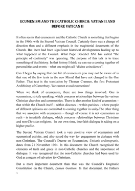 Ecumenism and the Catholic Church: Vatian Ii and Before Vatican Ii