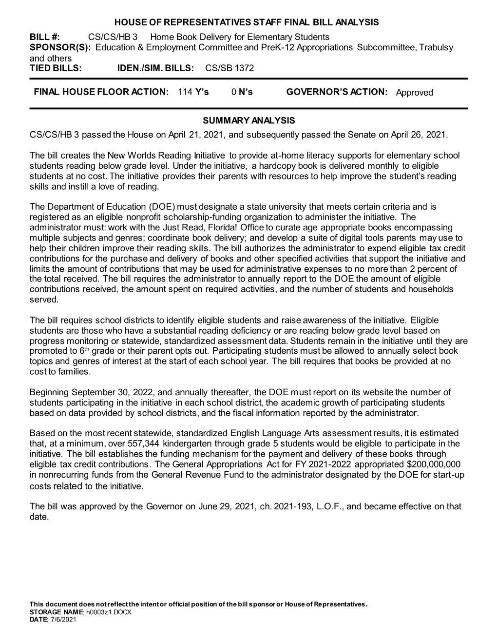 House of Representatives Staff Final Bill Analysis