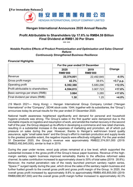 Hengan International Announces 2020 Annual Results Profit Attributable to Shareholders up 17.6% to RMB4.59 Billion Final Dividend at RMB1.30 Per Share Page 2 of 9