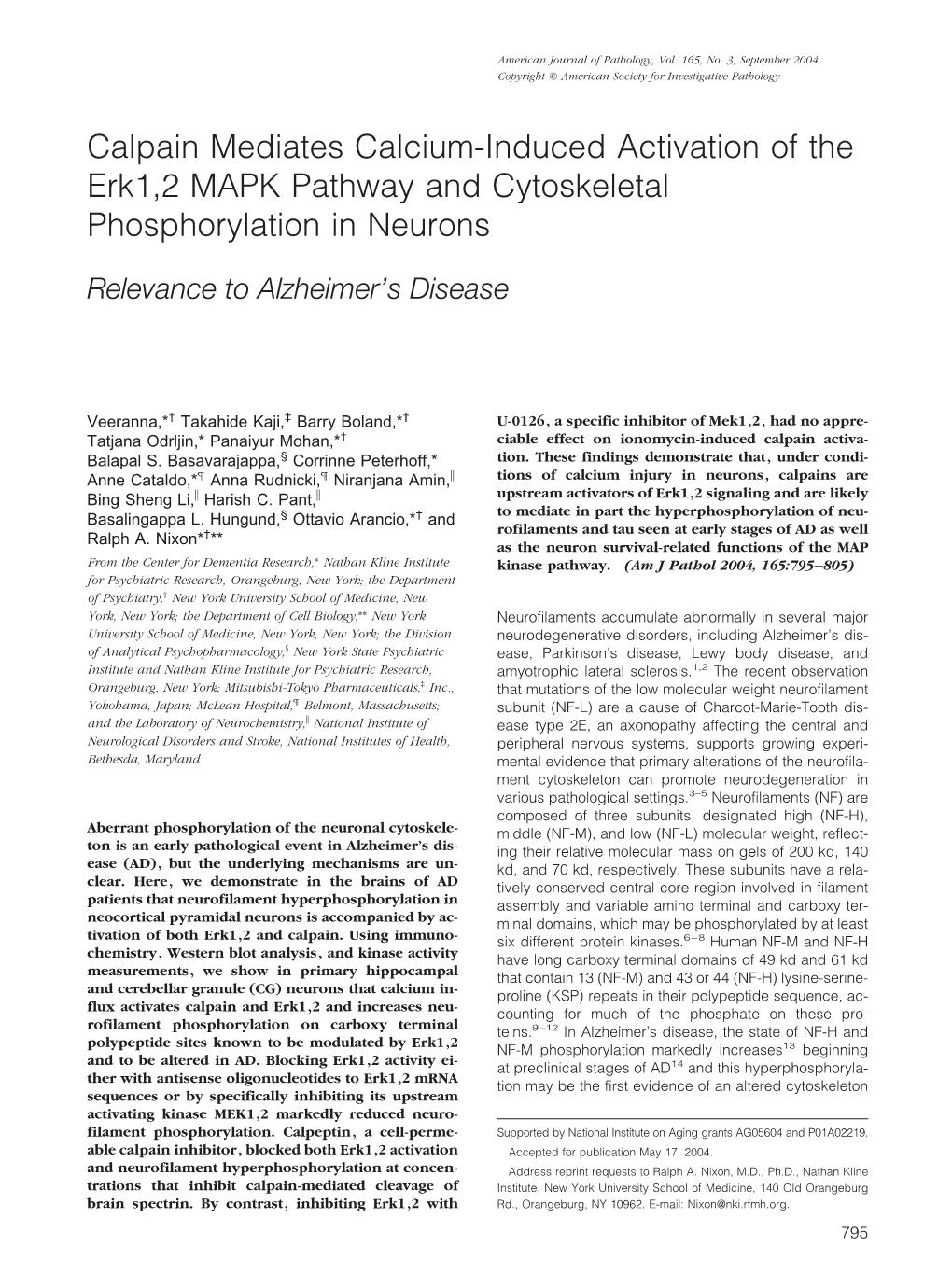 Calpain Mediates Calcium-Induced Activation of the Erk1,2 MAPK Pathway and Cytoskeletal Phosphorylation in Neurons