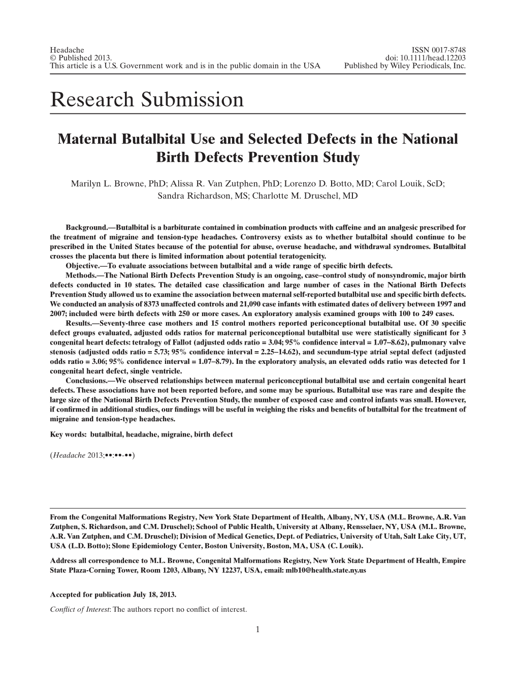Maternal Butalbital Use and Selected Defects in the National Birth Defects Prevention Study