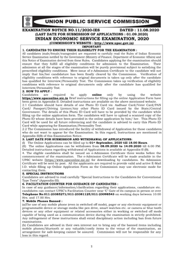 Indian Economic Service Examination, 2020 (Commission’S Website : Important 1