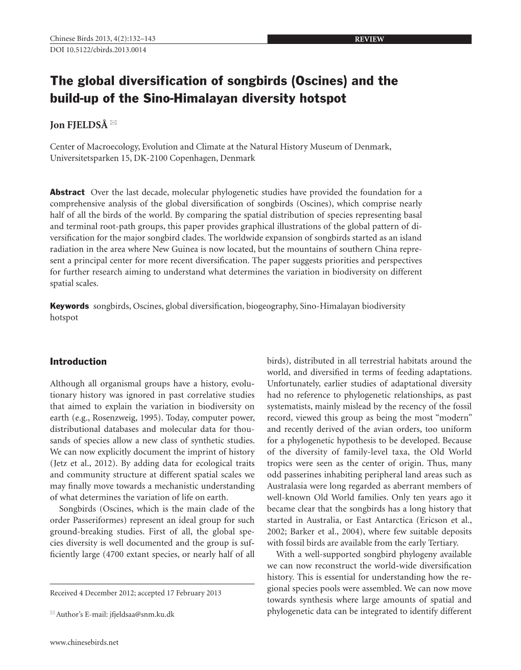 The Global Diversification of Songbirds (Oscines) and the Build-Up of the Sino-Himalayan Diversity Hotspot