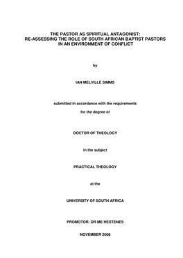 The Pastor As Spiritual Antagonist: Re-Assessing the Role of South African Baptist Pastors in an Environment of Conflict