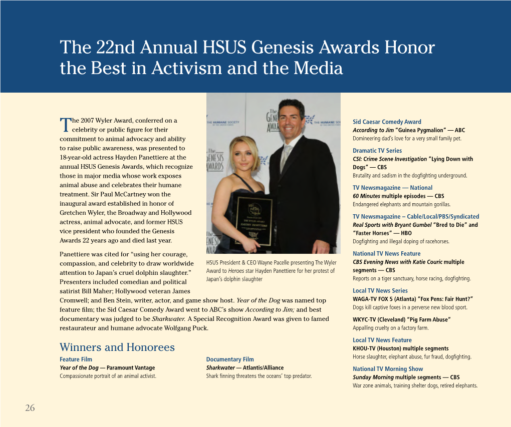 The 22Nd Annual HSUS Genesis Awards Honor the Best in Activism and the Media