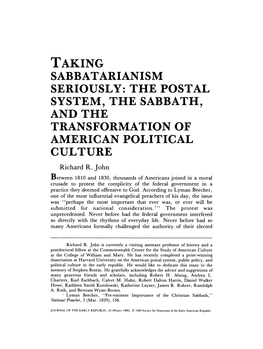 Sabbatarianism Seriously: the Postal System, the Sabbath, and the Transformationof American Political Culture