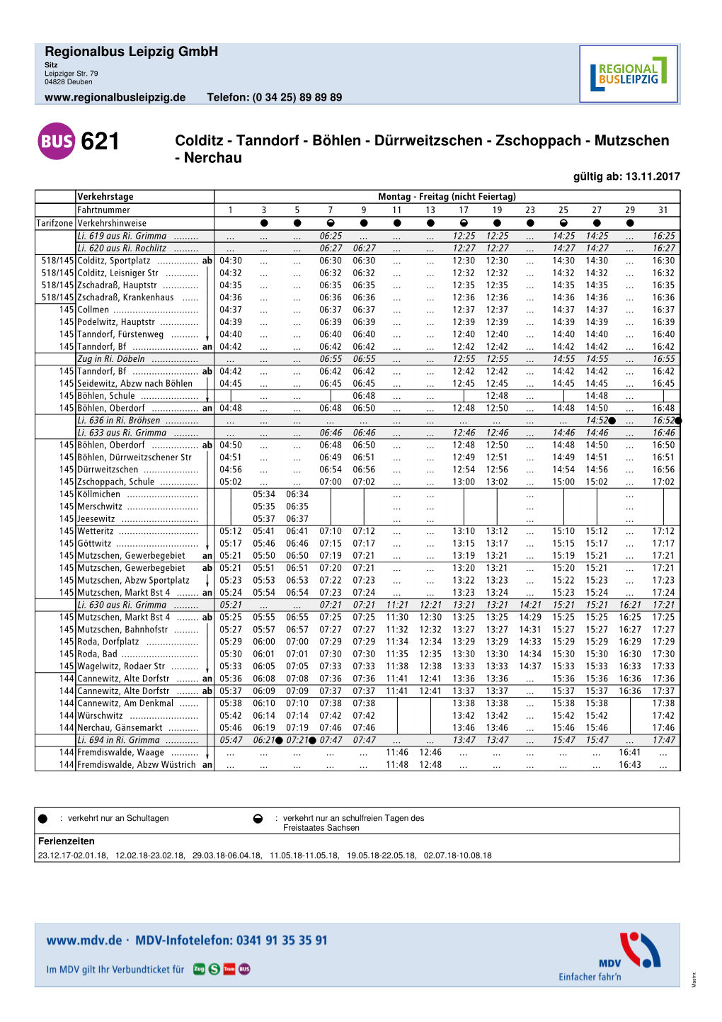 Colditz - Tanndorf - Böhlen - Dürrweitzschen - Zschoppach - Mutzschen B - Nerchau Gültig Ab: 13.11.2017