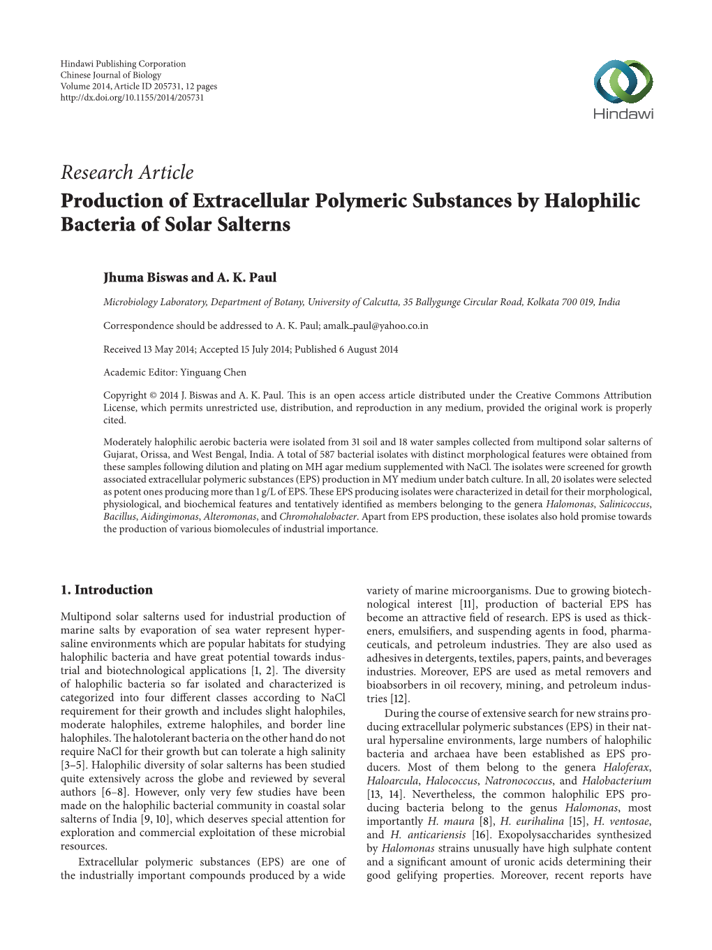 Production of Extracellular Polymeric Substances by Halophilic Bacteria of Solar Salterns