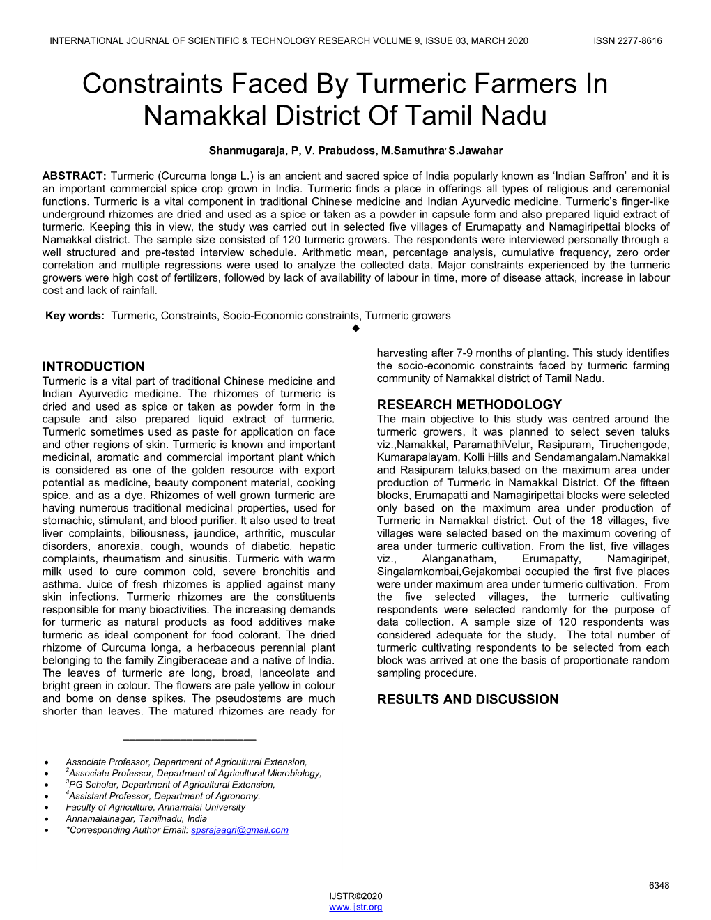 Constraints Faced by Turmeric Farmers in Namakkal District of Tamil Nadu