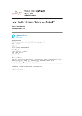 Henri Cartier-Bresson, ‘Public Intellectual’?