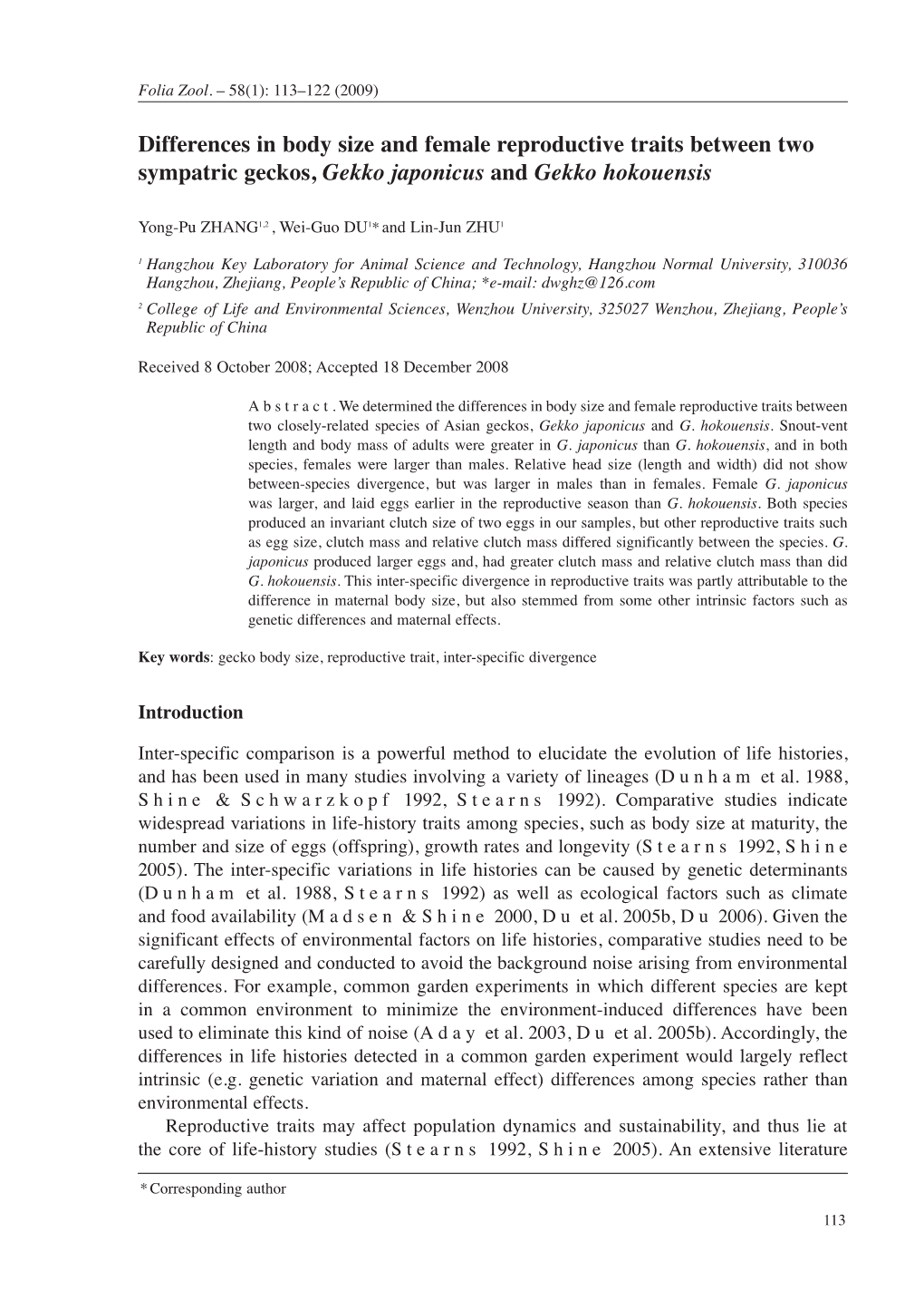 Differences in Body Size and Female Reproductive Traits Between Two Sympatric Geckos, Gekko Japonicus and Gekko Hokouensis