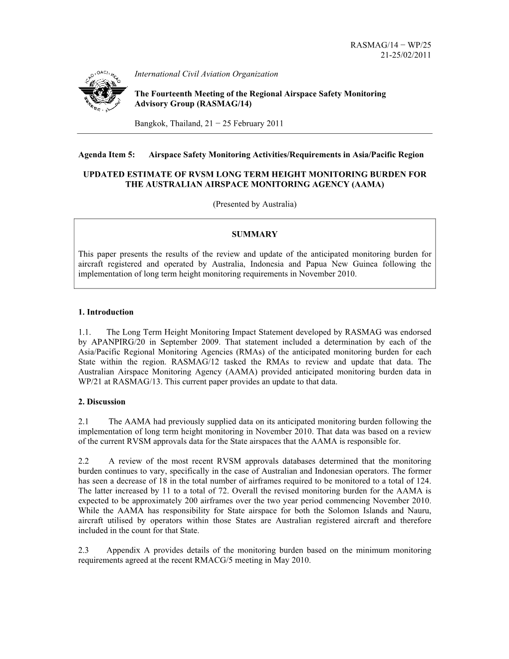 RASMAG/14 − WP/25 21-25/02/2011 International Civil Aviation Organization the Fourteenth Meeting of the Regional Airspace Safe