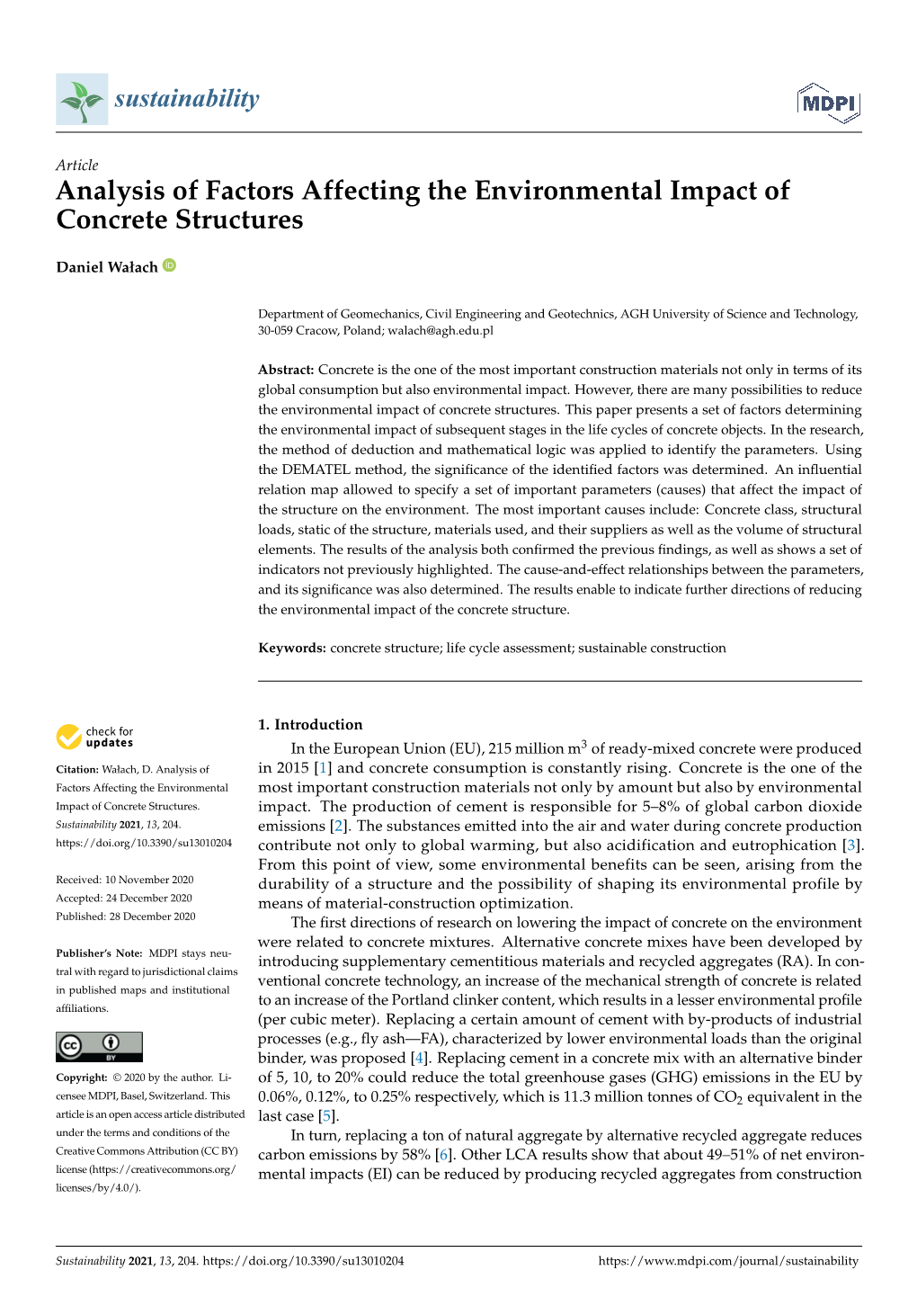 Analysis of Factors Affecting the Environmental Impact of Concrete Structures