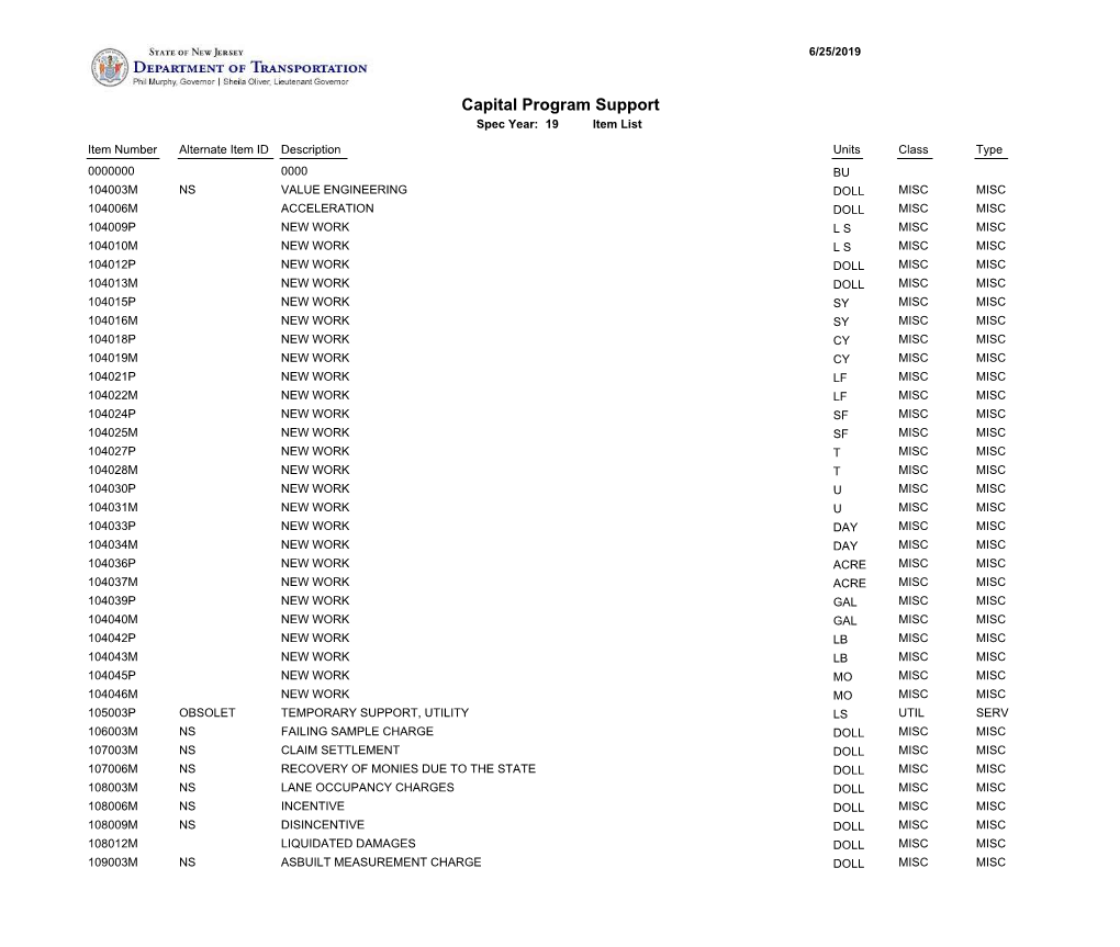 Capital Program Support Spec Year: 19 Item List