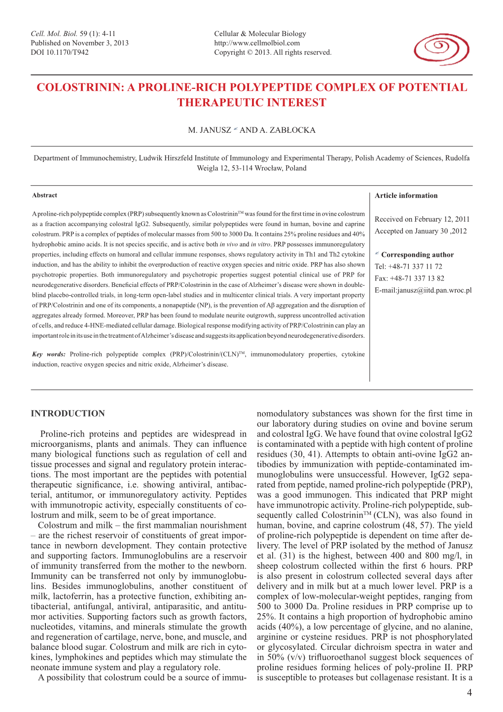 Colostrinin: a Proline-Rich Polypeptide Complex of Potential Therapeutic Interest