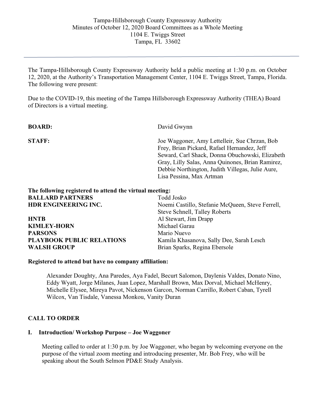 Tampa-Hillsborough County Expressway Authority Minutes of October 12, 2020 Board Committees As a Whole Meeting 1104 E