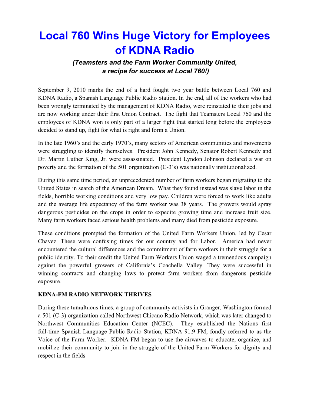 Local 760 Wins Huge Victory for Employees of KDNA Radio (Teamsters and the Farm Worker Community United, a Recipe for Success at Local 760!)