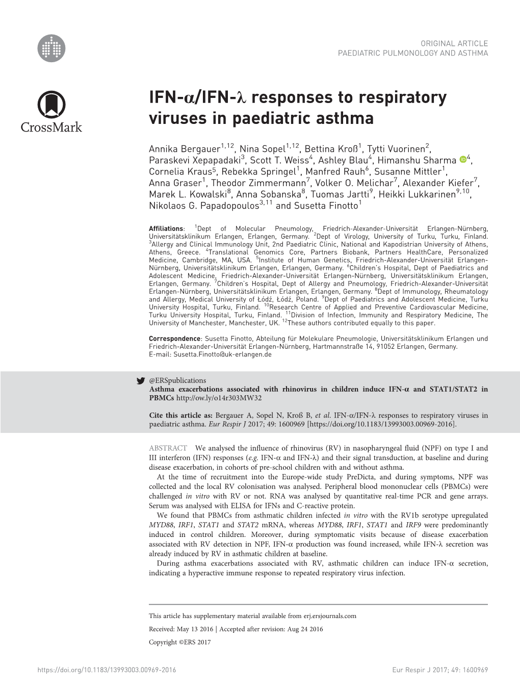 IFN-Α/IFN-Λ Responses to Respiratory Viruses in Paediatric Asthma