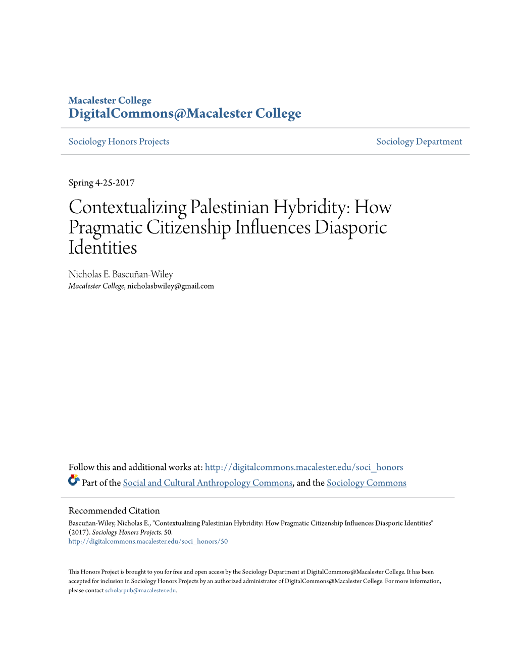 Contextualizing Palestinian Hybridity: How Pragmatic Citizenship Influences Diasporic Identities Nicholas E