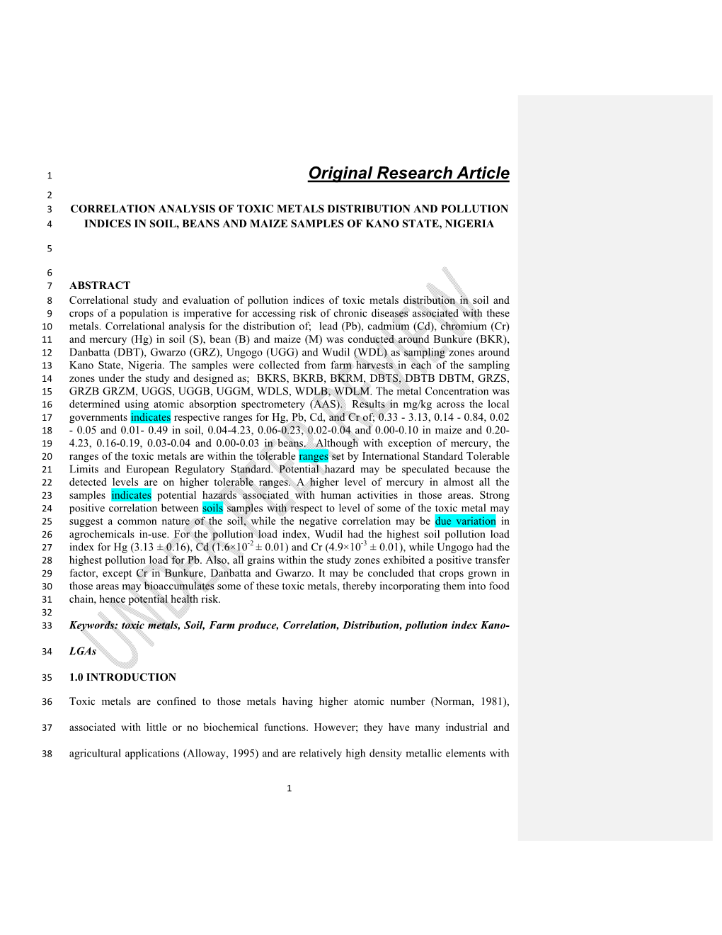 Original Research Article 2 3 CORRELATION ANALYSIS of TOXIC METALS DISTRIBUTION and POLLUTION 4 INDICES in SOIL, BEANS and MAIZE SAMPLES of KANO STATE, NIGERIA