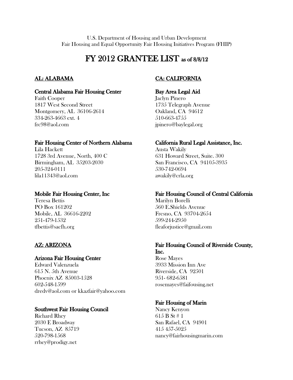 FY 2012 GRANTEE LIST As of 8/8/12