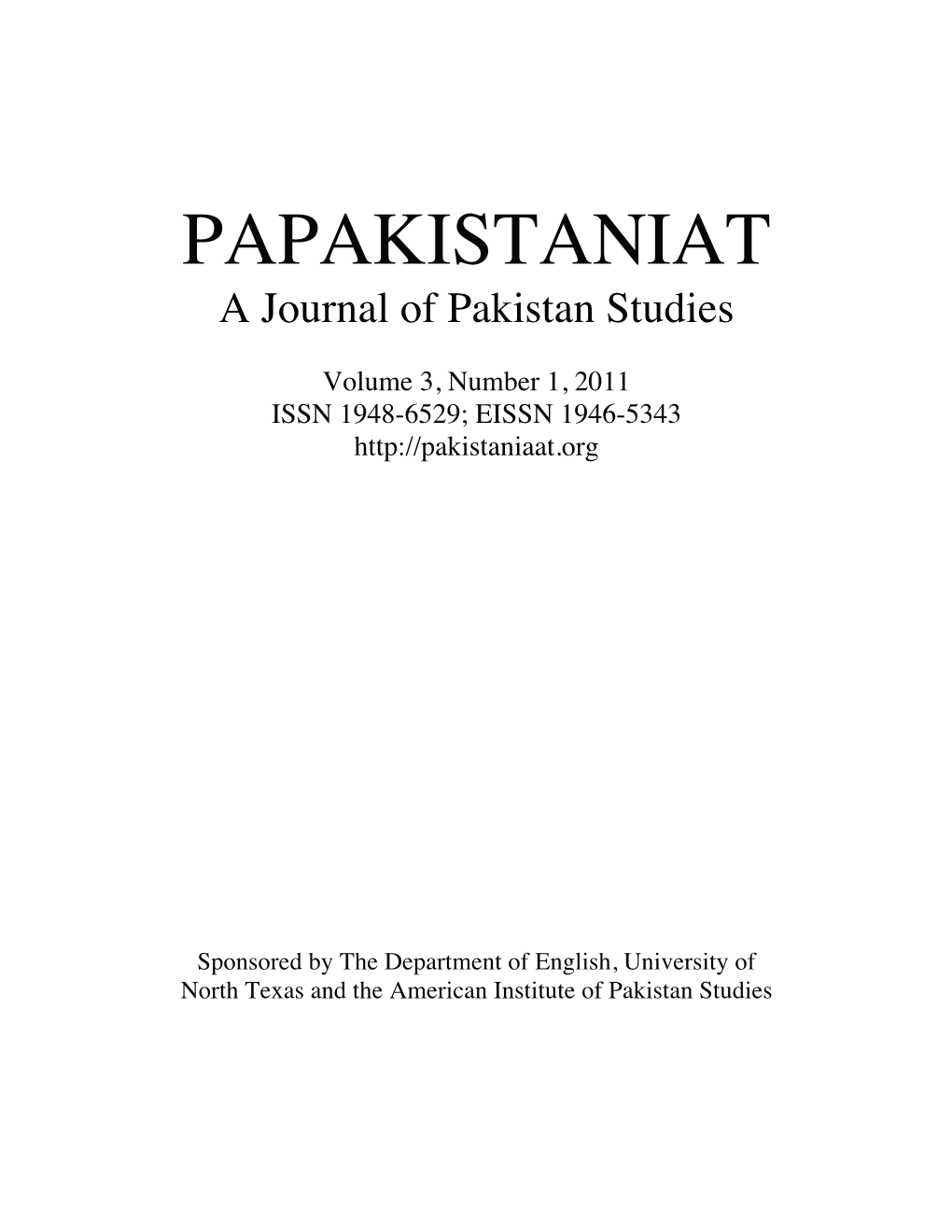 Pakistaniaat: a Journal of Pakistan Studies Vol. 3, No. 1 (2011)