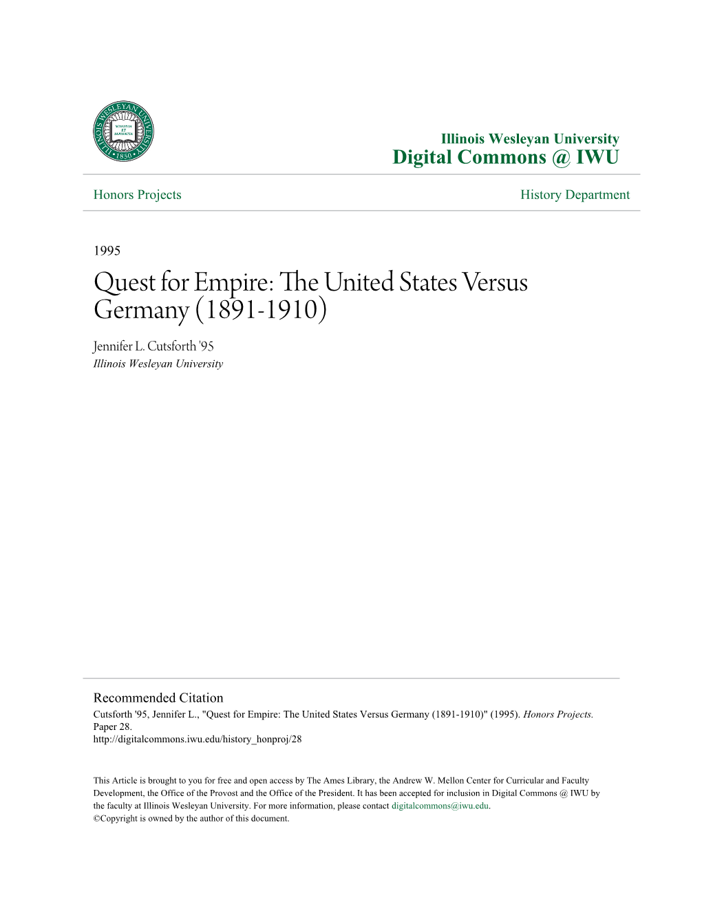 Quest for Empire: the United States Versus Germany (1891-1910)" (1995)