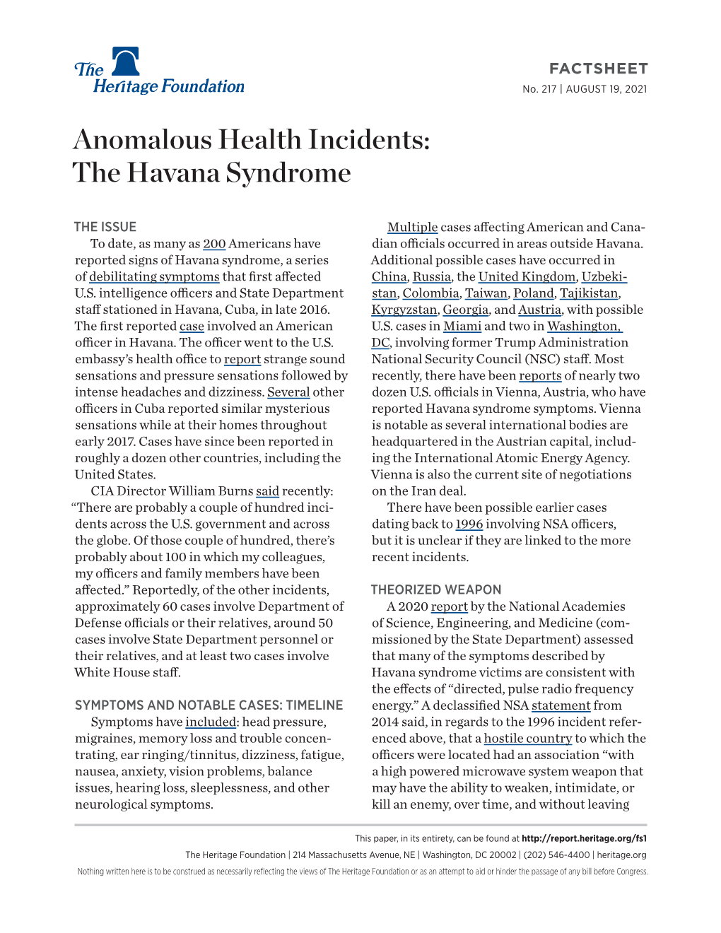 Anomalous Health Incidents: the Havana Syndrome