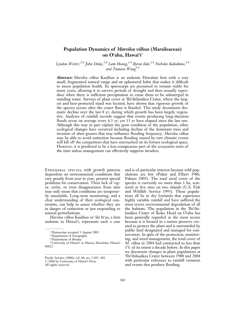 Population Dynamics of Marsilea Villosa (Marsileaceae) on O'ahu