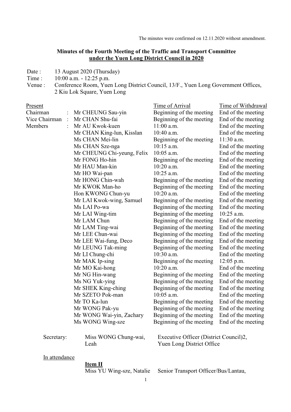 Minutes of the Fourth Meeting of the Traffic and Transport Committee Under the Yuen Long District Council in 2020