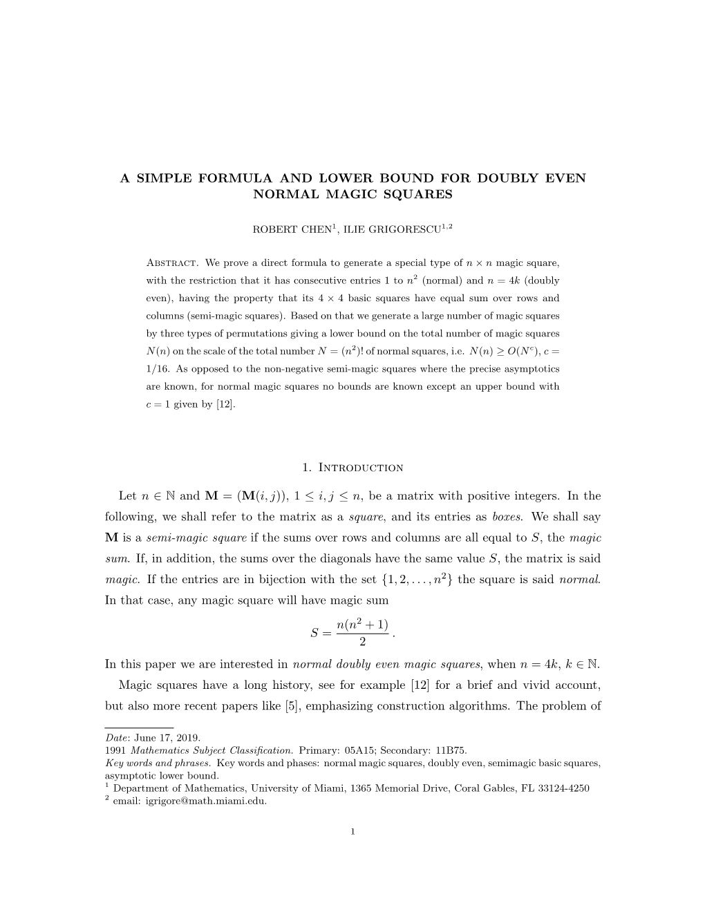 A Simple Formula and Lower Bound for Doubly Even Normal Magic Squares