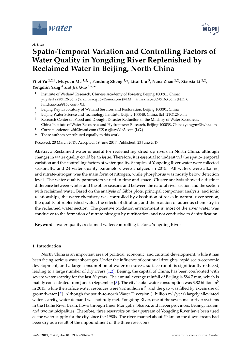 Spatio-Temporal Variation and Controlling Factors of Water Quality in Yongding River Replenished by Reclaimed Water in Beijing, North China