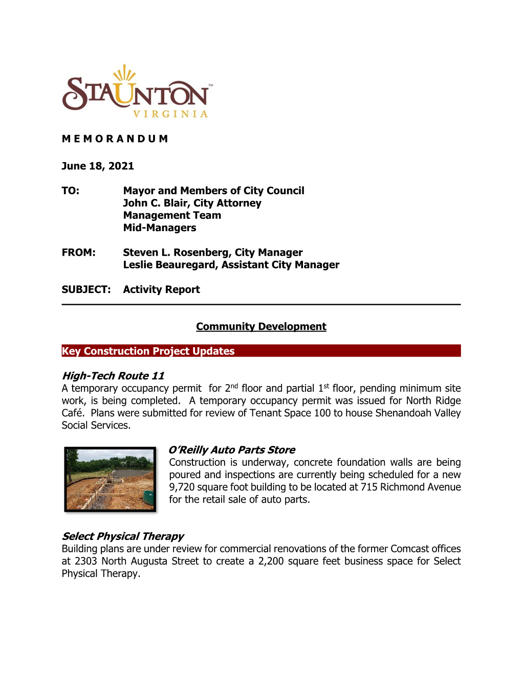 June 2021 Activity Report for the City of Staunton