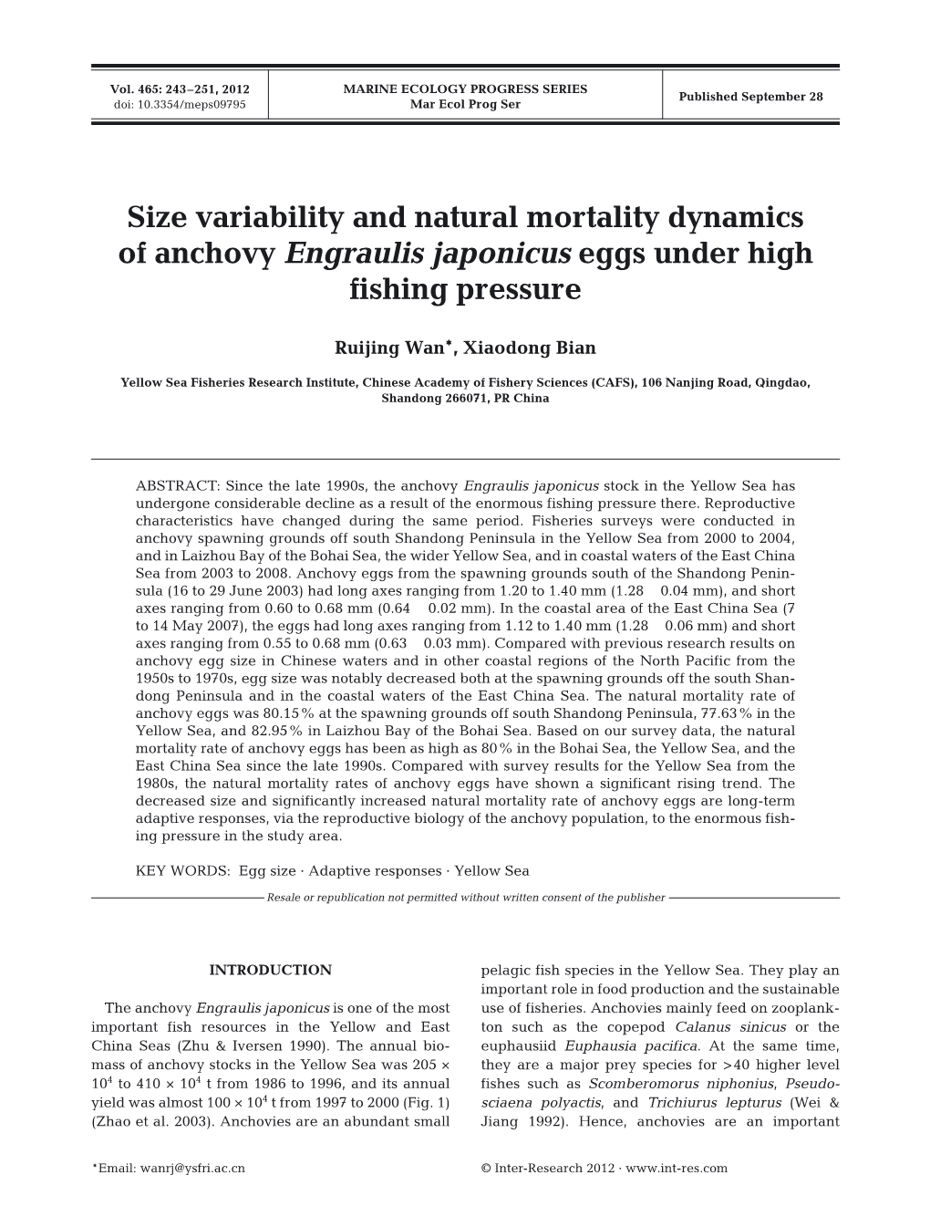 Size Variability and Natural Mortality Dynamics of Anchovy Engraulis Japonicus Eggs Under High Fishing Pressure