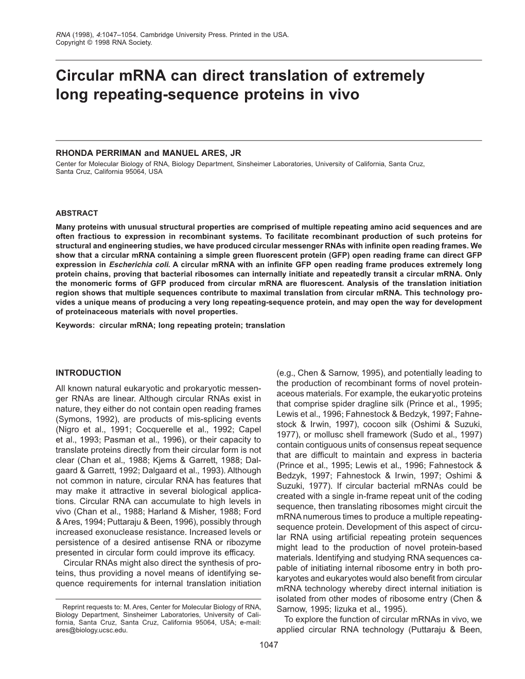 Circular Mrna Can Direct Translation of Extremely Long Repeating-Sequence Proteins in Vivo