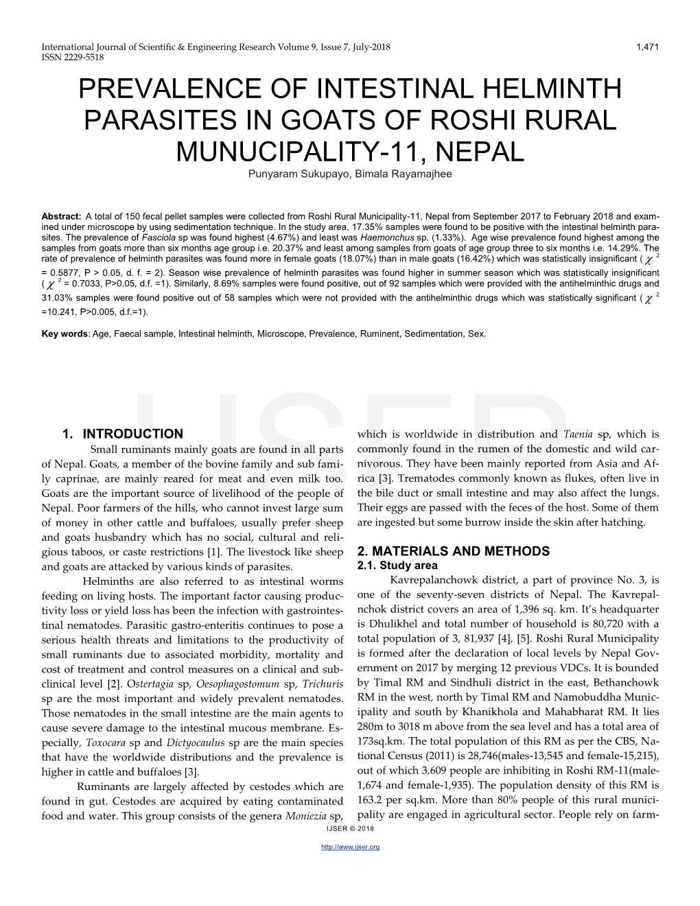 Prevalence of Intestinal Helminth Parasites in Goats of Roshi Rural Munucipality-11, Nepal
