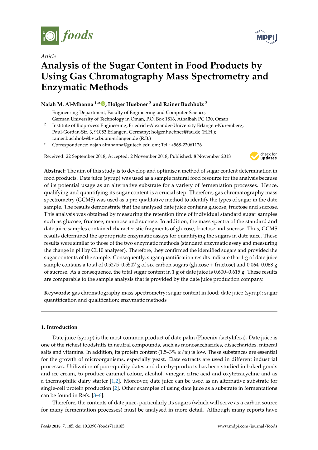 Analysis of the Sugar Content in Food Products by Using Gas Chromatography Mass Spectrometry and Enzymatic Methods