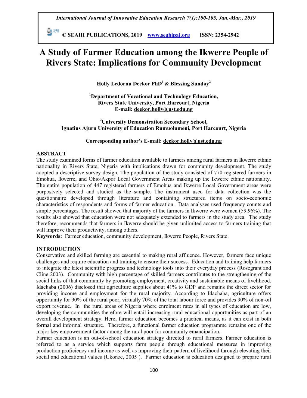 A Study of Farmer Education Among the Ikwerre People of Rivers State: Implications for Community Development