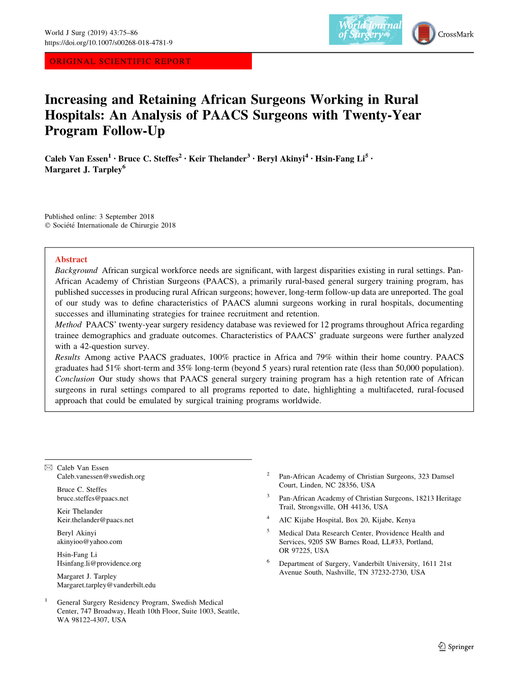 Increasing and Retaining African Surgeons Working in Rural Hospitals: an Analysis of PAACS Surgeons with Twenty-Year Program Follow-Up