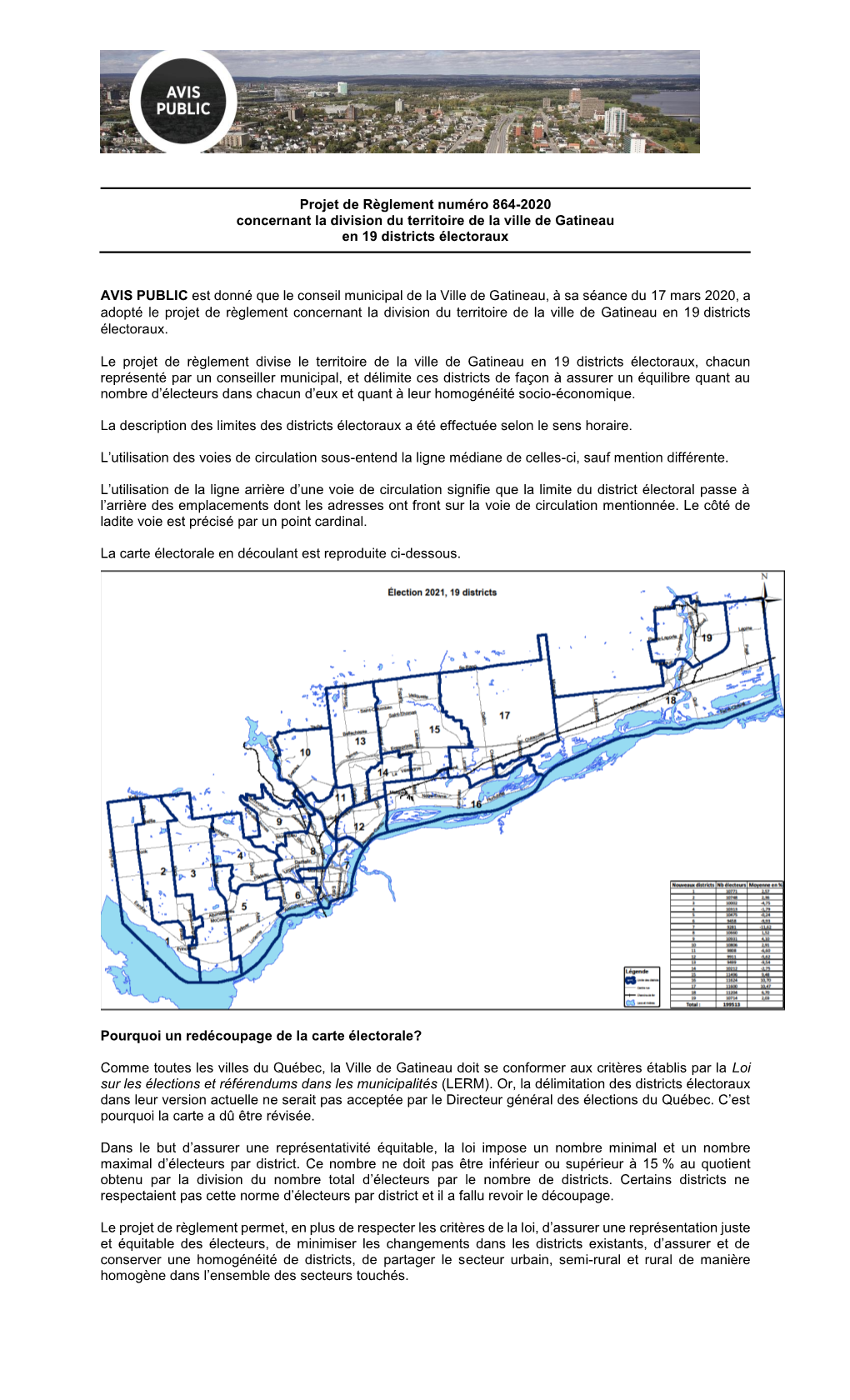 Projet De Règlement Numéro 864-2020 Concernant La Division Du Territoire De La Ville De Gatineau En 19 Districts Électoraux