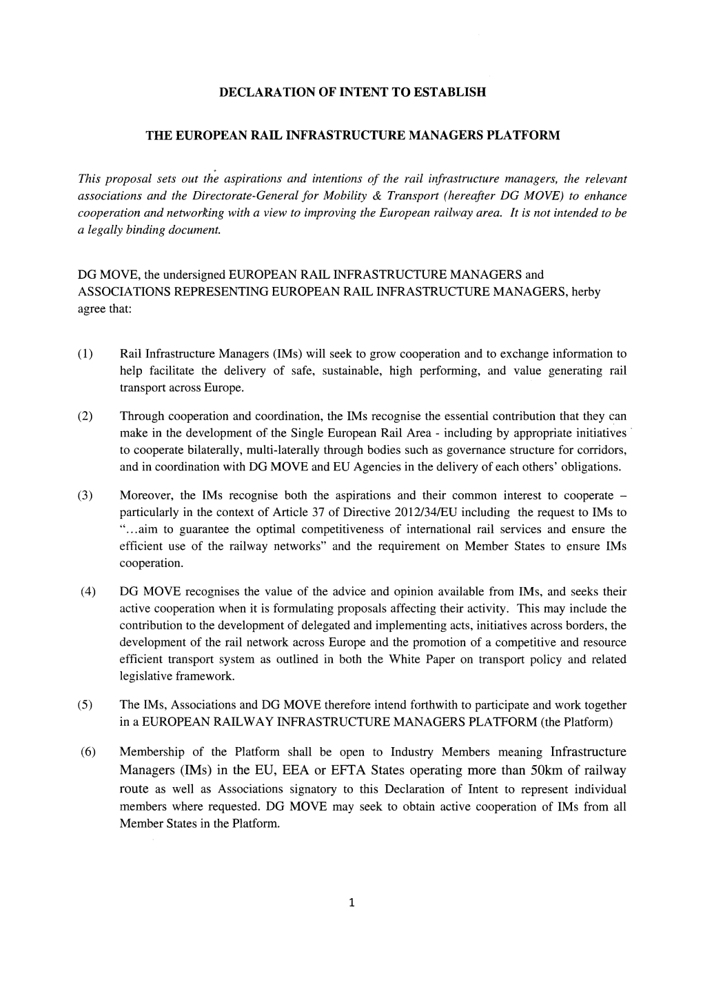 Declaration of Intent to Establish the European Rail